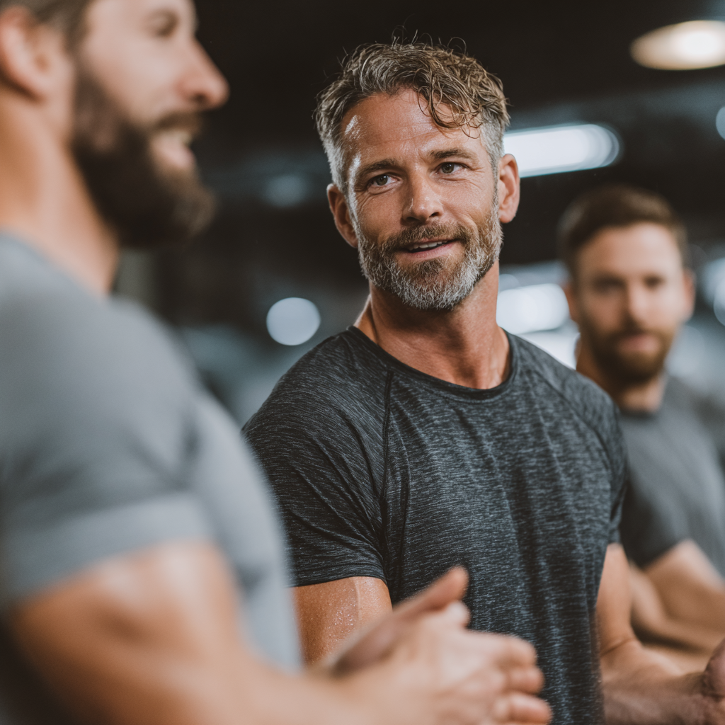 Group of motivated men training together in modern gym, teamwork and support, encouraging each other during workout session